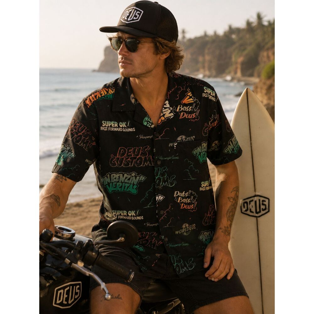 DEUS EX MACHINA Black 100% Cotton Graphic Button Up Shirt Top  Mens Size Small